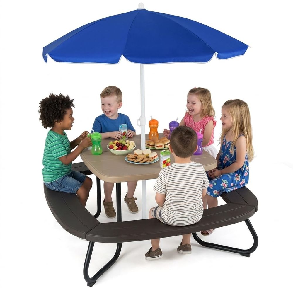 Kids Outdoor Bench With Umbrella - Kids Picnic Table, 8 Person Kids