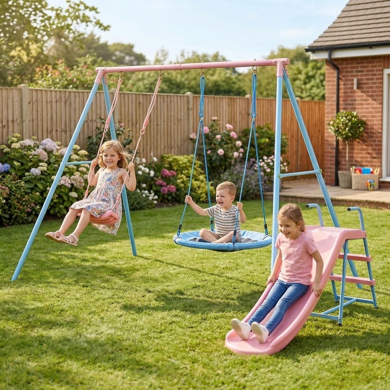Kids Outdoor Swing And Slide - Blue and Pink Two-Person Swing Set