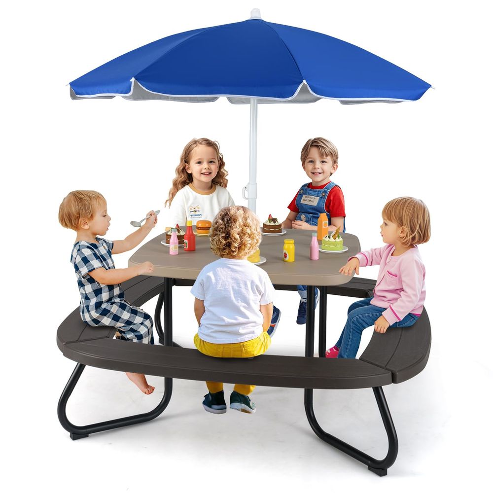 Kids Outdoor Bench With Umbrella - Kids Picnic Table, 8 Person Toddler