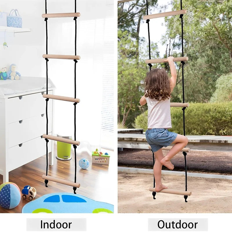 Kids Outdoor Swing And Slide - Children Climbing Rope Ladder Wooden Swing